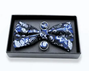 Black, blue and white paisley bow tie